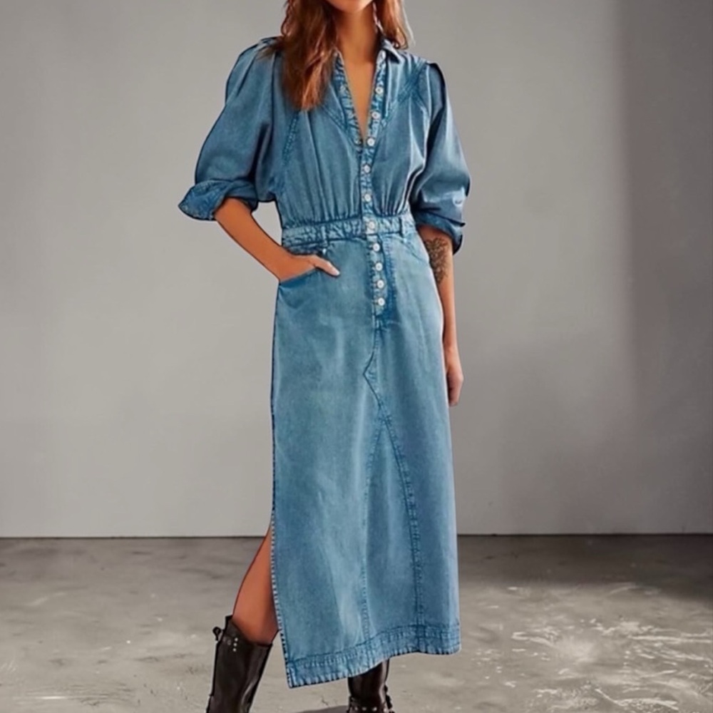 FREE PEOPLE Mad Love Denim Midi Dress XS